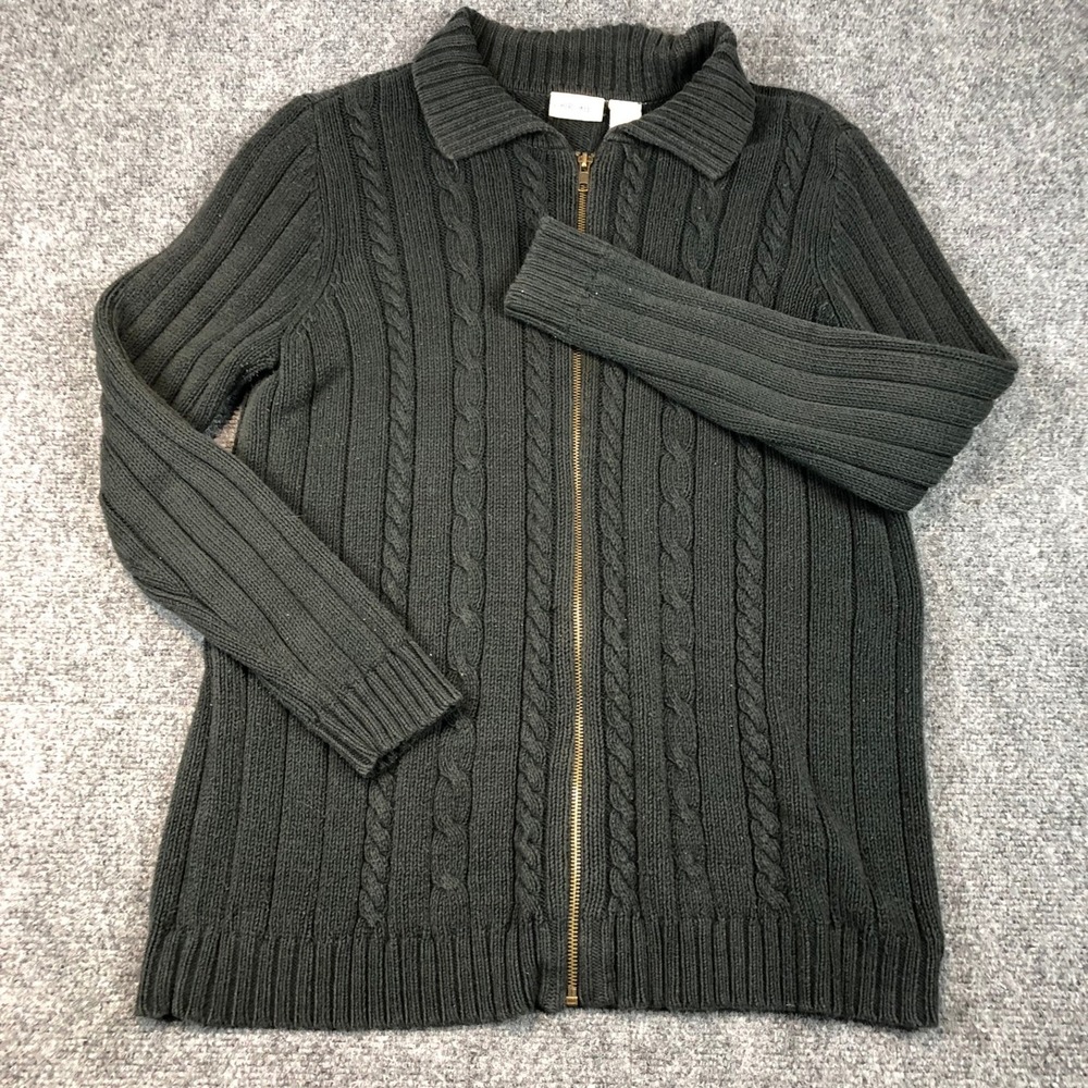 Cherokee Women's Gray Cable Knit Zip Front Collared Cardigan Sweater L